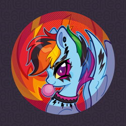 Size: 2277x2277 | Tagged: safe, artist:lenori, rainbow dash, pegasus, pony, g4, alternate hairstyle, badge, bubblegum, choker, dyed mane, ear piercing, earring, female, food, gum, jewelry, looking at you, makeup, mare, piercing, ponymania, punk, smiling