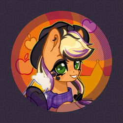 Size: 2277x2277 | Tagged: safe, artist:lenori, applejack, earth pony, pony, g4, alternate accessories, alternate hairstyle, badge, clothes, dyed mane, ear piercing, earring, female, gloves, grin, jewelry, makeup, mare, piercing, ponymania, punk, scarf, smiling