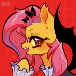 Size: 1280x1280 | Tagged: safe, artist:lenori, fluttershy, bat pony, pony, g4, bat ponified, bite mark, clothes, fangs, female, flutterbat, hairpin, makeup, mare, race swap, ruffled shirt, simple background