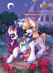 Size: 1854x2553 | Tagged: safe, artist:lenori, prince blueblood, rarity, pony, unicorn, g4, the best night ever, blushing, bowtie, clothes, dress, duo, female, flower, gala dress, glass slipper (footwear), grand galloping gala, heart, heart eyes, high heels, horn, jewelry, male, mare, necktie, rose, shoes, smiling, stallion, suit, tiara, tuxedo, wingding eyes