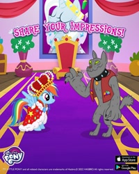 Size: 1080x1350 | Tagged: safe, gameloft, rainbow dash, rover, diamond dog, pegasus, pony, g4, my little pony: magic princess, duo, duo male and female, female, indoors, male, mare