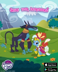 Size: 1080x1350 | Tagged: safe, gameloft, ahuizotl, trixie, pony, unicorn, g4, my little pony: magic princess, duo, duo male and female, female, horn, male, outdoors