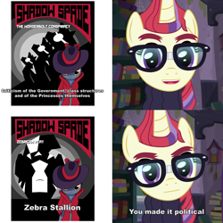 Size: 2000x2000 | Tagged: safe, artist:anonymousandrei, derpibooru exclusive, moondancer, pony, unicorn, zebra, g4, book, book cover, clothes, cover, female, glasses, hat, horn, male, mare, meme, moondancer's house, ponified meme, shadow spade, stallion, sweater, text, wonderbolts