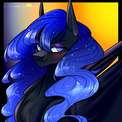 Size: 1000x1000 | Tagged: safe, artist:legendaryshadee, princess luna, alicorn, pony, g4, big ears, blue eyes, blue mane, blushing, bust, chest fluff, commission, crepuscular rays, curved horn, digital art, ethereal mane, eyelashes, eyeshadow, feather, female, flowing mane, folded wings, glowing, glowing eyes, happy, horn, lidded eyes, looking at you, makeup, mare, moonlight, night, peytral, portrait, signature, smiling, smiling at you, solo, sparkles, spread wings, starry mane, starry night, stars, teeth, wings