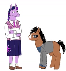 Size: 1500x1605 | Tagged: safe, artist:cranialgrind, twilight sparkle, horse, pony, unicorn, anthro, plantigrade anthro, g4, blank flank, blaze (coat marking), bojack horseman, bojack horseman (character), book, character swap, clothes, coat, coat markings, collared shirt, colored sketch, crew socks, cutie mark on clothes, duo, duo male and female, facial markings, female, horn, loafers, male, necktie, ponified, shirt, shoes, show accurate, simple background, sketch, skirt, stallion, standing, star (coat marking), style emulation, style swap, sweater, sweater vest, three quarter view, unicorn horn, unicorn twilight, white background, white shirt