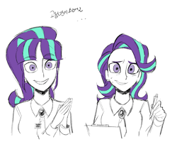 Size: 1715x1375 | Tagged: safe, artist:cranialgrind, starlight glimmer, human, g4, anxiety, bangs, before and after, bust, clipboard, clothes, collared shirt, cute, duality, ear piercing, earring, equal sign, eyebrows, eyebrows visible through hair, glimmerbetes, hands together, headmare starlight, humanized, jewelry, korean, limited palette, long hair, looking at you, necktie, nervous, nervous smile, no catchlights, pen, piercing, purple eyes, s5 starlight, shirt, simple background, sketch, smiling, solo, staring into your soul, straight hair, two toned hair, wavy hair, white background