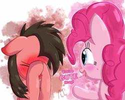 Size: 1250x1000 | Tagged: safe, artist:ace play, pinkie pie, oc, oc:ace play, earth pony, pony, g4, blushing, blushing profusely, canon x oc, cheek fluff, covering face, cute, dialogue, duo, ear blush, female, floppy ears, male, mare, pointing, ship:pinkieace, shipping, stallion, straight