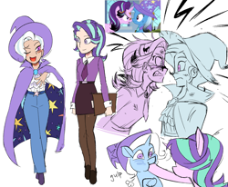 Size: 2426x2000 | Tagged: safe, artist:cranialgrind, starlight glimmer, trixie, human, pony, unicorn, a horse shoe-in, g4, angry, belt, blush sticker, blushing, brooch, burnt hair, cape, clipboard, clothes, collared shirt, colored sketch, denim, duo, duo female, ear piercing, earring, emanata, eye clipping through hair, female, frown, frowning at each other, hat, holding, hoof in mouth, horn, humanized, jeans, jewelry, leggings, light skin, loafers, looking at each other, looking at someone, mare, necktie, no catchlights, one eye closed, onomatopoeia, open mouth, open smile, pants, piercing, purple skirt, raised hoof, ruffled shirt, scene interpretation, scrapes, screencap reference, shirt, shoes, simple background, sketch, sketch dump, skirt, smiling, smiling at someone, stare, starlight glimmer is not amused, trixie's brooch, trixie's cape, trixie's hat, two toned mane, unamused, unicorn horn, white background