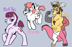 Size: 2469x1599 | Tagged: safe, artist:smirk, oc, oc only, hybrid, pegasus, pony, unicorn, bicep flex, crack ship offspring, gray background, horn, interspecies offspring, magical gay spawn, muscles, offspring, parent:bulk biceps, parent:discord, parent:pinkie pie, parent:tempest shadow, piercing, simple background, trio