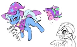 Size: 1306x794 | Tagged: safe, artist:cranialgrind, fluttershy, starlight glimmer, trixie, pegasus, pony, unicorn, g4, blush scribble, blush sticker, blushing, blushing profusely, butt, cape, cloak, clothes, colored sketch, female, hat, horn, korean, lesbian, looking at butt, looking at you, mare, narrowed eyes, question mark, rear view, ship:startrix, shipping, simple background, sketch, smiling, smiling at you, spread wings, sweat, talking, text, the great and powerful ass, three quarter view, trio, trio female, trixie's cape, trixie's hat, white background, wings