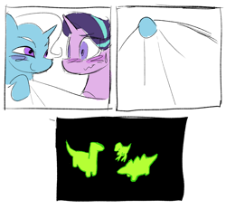 Size: 1718x1586 | Tagged: safe, artist:cranialgrind, starlight glimmer, trixie, dinosaur, pony, unicorn, g4, big eyes, blanket, blush scribble, blushing, colored eyebrows, colored sketch, comic, dinosaur toy, duo, duo female, eye clipping through hair, eyebrows, eyebrows visible through hair, female, glow in the dark, glowing, hoof hold, horn, lesbian, looking at each other, looking at someone, mare, nervous, nervous smile, ship:startrix, shipping, simple background, sketch, smiling, sweat, toy, unicorn horn, wavy mouth, white background