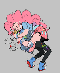 Size: 1541x1852 | Tagged: safe, artist:cranialgrind, pinkie pie, rainbow dash, human, equestria girls, g4, blue blush, blush lines, blushing, boots, bow, bracelet, carrying, clothes, cross-popping veins, curly hair, cutie mark on clothes, duo, duo female, emanata, eyelashes, eyes closed, female, glomp, gray background, grin, hug, jacket, jewelry, lesbian, pants, physique difference, pony coloring, sash, ship:pinkiedash, shipping, shirt, shoes, shorts, simple background, skirt, smiling, sneakers, spiky hair, sweatpants