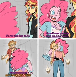 Size: 1972x2000 | Tagged: safe, artist:cranialgrind, applejack, pinkie pie, sunset shimmer, human, equestria girls, g4, alcohol, beer, belt, bracelet, brooklyn nine nine, carrying, cider, clothes, colored sketch, comic, curly hair, denim, dialogue, dress, emanata, english, eye clipping through hair, eyebrows, eyebrows visible through hair, eyes closed, flannel, freckles, frown, grin, hair tie, hand on hip, holding, jacket, jeans, jewelry, leaping, leather, leather jacket, long hair, mug, narrowed eyes, no catchlights, one eye closed, open frown, open mouth, open smile, orange text, pants, pink text, pointing, ponified scene, pony coloring, raised arm, running, sash, shirt, sketch, skirt, smiling, sweat, talking, tank top, text, tied hair, wink