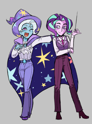 Size: 1516x2037 | Tagged: safe, artist:cranialgrind, starlight glimmer, trixie, human, g4, belt, blue blush, blushing, brooch, cape, clothes, collared shirt, cute, cute little fangs, denim, dress pants, duo, duo female, ear piercing, earring, eyelashes, fangs, female, full body, gray background, hand on chest, hat, high heels, holding, humanized, jeans, jewelry, looking at someone, looking at you, necktie, no catchlights, one eye closed, open mouth, open smile, pants, piercing, pony coloring, raised arm, ruffled shirt, shirt, shoes, short hair trixie, simple background, smiling, smiling at someone, smiling at you, standing, sweater vest, three toned hair, trixie's brooch, trixie's cape, trixie's hat, white shirt, wink