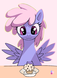 Size: 554x753 | Tagged: artist needed, safe, rainbowshine, pegasus, pony, g4, bust, female, food, front view, mare, muffin, plate, portrait, sitting, solo, spread wings, table, wings