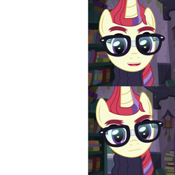 Size: 2000x2000 | Tagged: safe, artist:anonymousandrei, derpibooru exclusive, moondancer, pony, unicorn, g4, clothes, female, glasses, horn, mare, meme, meme template, ponified meme, solo, sweater