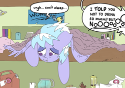 Size: 3784x2679 | Tagged: safe, artist:ponny, cloudchaser, pegasus, pony, g4, bed, blanket, book, bread, coffee, coffee cup, coffee mug, coffee pot, colored, crumbs, cup, donut, drawthread, female, food, indoors, lamp, lidded eyes, mare, mug, pillow, requested art, shelf, solo, speech bubble, text, tired