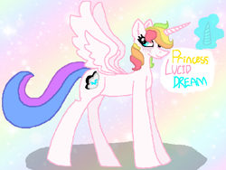 Size: 588x442 | Tagged: safe, artist:proxymitymine, oc, oc only, oc:lucid dream (proxy), alicorn, pony, alicorn oc, alicorn wings, burn scar, closed mouth, cyan eyes, description is relevant, female, hair over one eye, horn, long horn, mare, mare oc, multicolored background, multicolored hair, multicolored mane, pony oc, princess, princess oc, scar, shadow, smiling, solo, wings