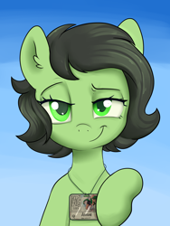 Size: 3000x4000 | Tagged: safe, artist:dumbwoofer, oc, oc:filly anon, oc:morning mimosa, earth pony, pony, mare fair, badge, ear fluff, female, filly, foal, lanyard, looking at you, smiling, smirk, smug, solo