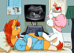 Size: 2800x2000 | Tagged: safe, alternate version, anonymous artist, nurse redheart, sunburst, pony, unicorn, g4, bed, belly, big belly, clothes, commission, commissioner:reversalmushroom, doctor's office, facial hair, female, fetish, glasses, goatee, high res, horn, hospital bed, hospital gown, hospital room, indoors, jewelry, male, male pregnancy, mare, pregnant, prenatal exam, smiling, ultrasound