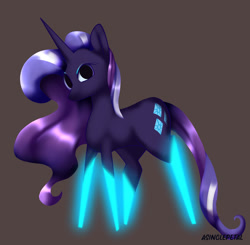 Size: 1024x1004 | Tagged: safe, artist:asinglepetal, nightmare rarity, pony, unicorn, g4, concave belly, dark mirror universe, eyeshadow, female, glowing legs, horn, long horn, makeup, mare, moon, nightmarified, pointy ponies, shiny hair, simplified eyes, slender, solo, storybook, stylized, thin, thin legs, watermark, wavy hair