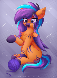 Size: 2489x3400 | Tagged: safe, artist:gaffy, oc, oc only, pegasus, abstract background, chest fluff, colored wings, ear fluff, male, multicolored hair, multicolored wings, pegasus oc, solo, wings, yarn, yarn ball