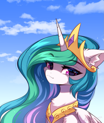 Size: 853x1009 | Tagged: safe, artist:airiniblock, princess celestia, alicorn, pony, g4, chest fluff, cloud, crown, cute, ear fluff, eye clipping through hair, eyebrows, eyebrows visible through hair, female, folded wings, horn, icon, jewelry, mare, outdoors, peytral, regalia, sky, solo, wingding eyes, wings