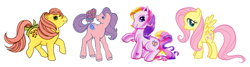 Size: 1998x533 | Tagged: safe, artist:melissapony2003, edit, fluttershy, fluttershy (g3), morning glory (g2), posey, earth pony, pegasus, pony, g1, g2, g3, g4, bow, cute, evolution, evolution chart, female, g2 morningdorable, g3 shyabetes, generations, hoof heart, mare, poseybetes, shyabetes, simple background, tail, tail bow, underhoof, white background