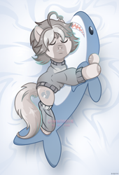 Size: 1830x2695 | Tagged: safe, artist:scarffist, derpibooru exclusive, oc, oc only, earth pony, pony, shark, bed, clothes, commission, eyes closed, hug, long tail, lying down, lying on bed, on bed, plushie, relaxing, shark plushie, short hair, short mane, sleeping, solo, tail, toy, ych result