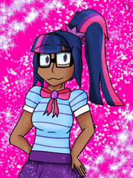 Size: 1536x2048 | Tagged: artist needed, source needed, safe, artist:enderman008, sci-twi, twilight sparkle, human, equestria girls, g4, clothes, deviantart, glasses, hand on hip, human coloration, moderate dark skin, ponytail, solo