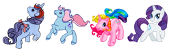 Size: 2023x605 | Tagged: safe, artist:melissapony2003, edit, ivy, rarity, rarity (g3), sparkler (g1), earth pony, pony, unicorn, g1, g2, g3, g4, bow, cute, evolution, evolution chart, female, g3 raribetes, generations, hoof heart, horn, ivybetes, mare, raribetes, simple background, sparklerdorable, tail, tail bow, underhoof, white background