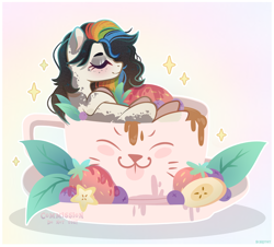 Size: 4200x3800 | Tagged: safe, artist:scarffist, oc, oc only, earth pony, pony, base used, berry, blushing, commission, cup, cute, eyes closed, food, fruit, gradient background, leaves, long hair, long mane, lying, multicolored hair, rainbow hair, relaxing, smiling, solo, sparkles, ych result