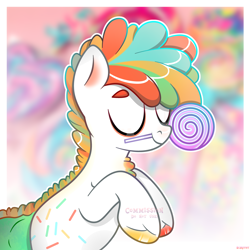 Size: 4600x4600 | Tagged: safe, derpibooru exclusive, oc, oc only, earth pony, pony, base used, candy, commission, eyes closed, food, happy, light skin, lollipop, multicolored hair, rainbow hair, short hair, short mane, smiling, solo, ych result