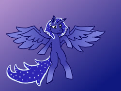 Size: 1600x1200 | Tagged: safe, artist:silverfishv9, oc, oc only, oc:starfield (silverfishv9), alicorn, pony, alicorn oc, blank flank, blue coat, blue eyes, blue mane, colored wings, ethereal mane, female, flying, gradient background, gradient horn, gradient legs, gradient wings, horn, mare, solo, starry mane, wingding eyes, wings