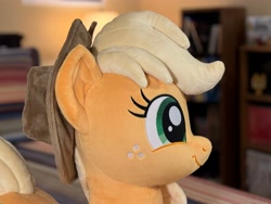 Size: 4032x3024 | Tagged: safe, artist:littlefairyswonders, photographer:formulapony, applejack, earth pony, pony, g4, applejack's hat, cowboy hat, cute, female, hat, indoors, irl, jackabetes, lying down, photo, plushie, solo