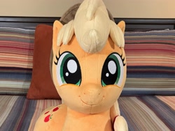 Size: 4032x3024 | Tagged: safe, artist:littlefairyswonders, photographer:formulapony, applejack, earth pony, pony, g4, applejack's hat, cowboy hat, cute, female, hat, indoors, irl, jackabetes, looking at you, lying down, photo, plushie, silly, silly pony, solo, who's a silly pony