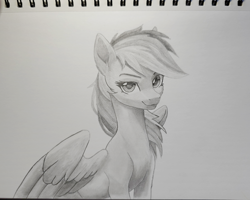 Size: 2326x1859 | Tagged: safe, artist:sierraex, rainbow dash, pegasus, pony, g4, female, high res, looking at you, mare, monochrome, photo, simple background, sketchbook, smiling, smiling at you, solo, traditional art, white background