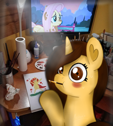 Size: 2480x2762 | Tagged: safe, artist:mashee, fluttershy, oc, oc:mashee, pegasus, pony, unicorn, castle sweet castle, g4, adorable face, blushing, confused, cute, female, horn, indoors, irl, mare, paintbrush, painting, photo, realistic, room, shocked, shocked expression, shocked eyes