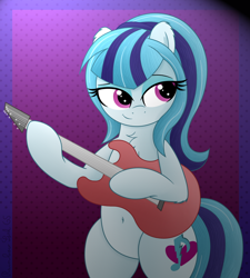 Size: 3016x3356 | Tagged: safe, artist:rainbowšpekgs, sonata dusk, earth pony, pony, rainbow rocks 10th anniversary, g4, alternate hairstyle, belly, belly button, bipedal, blue eyeshadow, chest fluff, eyeshadow, female, gradient background, guitar, headband, hind legs, makeup, midriff, musical instrument, purple eyes, smiling, solo, standing