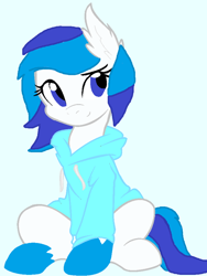 Size: 526x700 | Tagged: safe, artist:aquamelonscm95, oc, oc only, pegasus, pony, clothes, ear fluff, hoodie, light blue background, pegasus oc, simple background, sitting, solo