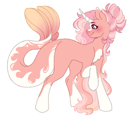 Size: 1082x1000 | Tagged: safe, artist:kazmuun, oc, oc only, oc:rosegold guppy, merpony, pony, unicorn, blank flank, blaze (coat marking), blush lines, blushing, chest fluff, coat markings, colored eartips, colored horn, colored lineart, colored pupils, commission, eyelashes, facial markings, female, fish tail, gradient mane, gradient tail, horn, impossibly long mane, long mane, magenta pupils, mare, multicolored mane, nose blush, orange coat, pink eyes, profile, raised hoof, signature, simple background, socks (coat markings), solo, standing on three hooves, striped mane, tail, tail markings, thick tail, thin, tied mane, transparent background, turned head, two toned ears, unicorn horn