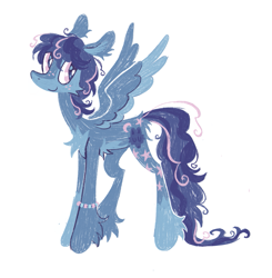 Size: 1173x1195 | Tagged: safe, artist:peaceandlove26, oc, oc only, oc:moonbright, pegasus, pony, blue coat, blue wingtips, bracelet, butt fluff, cascading cutie mark, cheek fluff, chest fluff, coat markings, colored belly, colored pinnae, colored wings, curly mane, curly tail, ear fluff, facial markings, female, female oc, freckles, jewelry, leg fluff, leg markings, lineless, long tail, looking back, mare, mare oc, mealy mouth (coat marking), pale belly, pegasus oc, pink eyes, ponysona, simple background, smiling, socks (coat markings), solo, spread wings, standing, striped mane, striped tail, tail, thin, three quarter view, three toned mane, three toned tail, two toned wings, white background, wings