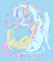 Size: 1021x1178 | Tagged: safe, artist:peaceandlove26, fluttershy, princess celestia, alicorn, pegasus, pony, g4, alternate color palette, alternate eye color, alternate hairstyle, alternate tailstyle, blue background, blushing, colored wings, colored wingtips, duo, duo female, ear fluff, ethereal mane, ethereal tail, eyelashes, female, green blush, green eyes, impossibly long neck, leonine tail, lesbian, lidded eyes, long legs, long neck, looking at each other, looking at someone, lying down, missing cutie mark, on back, partially open wings, pink eyes, pink mane, pink tail, profile, ship:flutterlestia, shipping, simple background, smiling, smiling at each other, sparkly mane, sparkly tail, tail, touching noses, two toned eyes, wavy mane, wavy tail, wing ears, wings, yellow coat