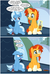 Size: 2542x3727 | Tagged: safe, artist:badumsquish, derpibooru exclusive, part of a set, sunburst, trixie, oc, oc:prattle, changeling, pony, unicorn, g4, 2 panel comic, alcohol, angry, beard, beer, beer bottle, blaze (coat marking), bottle, coat markings, comic, dialogue, drink, drinking, duo, ears back, facial hair, facial markings, female, glare, glasses, hanging out, heart, high res, horn, implied jack pot, implied twilight sparkle, looking away, magic, major payne, male, mare, mountain, outdoors, river, roof, rooftop, school of friendship, scrunchy face, ship:trixburst, shipping, show accurate, sitting, smiling, smirk, socks (coat markings), spilled drink, stallion, stifling laughter, straight, talking, telekinesis, threatening, tree, water, waterfall