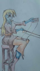 Size: 304x540 | Tagged: safe, artist:joey012, derpibooru exclusive, derpy hooves, anthro, rainbow rocks 10th anniversary, equestria girls, g4, colored, colored pencil drawing, inked, musical instrument, musical saw, pencil drawing, side view, solo, traditional art