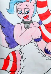 Size: 2260x3259 | Tagged: safe, artist:bitter sweetness, queen haven, pegasus, pony, g5, abdl, adult foal, bell, bell collar, clothes, collar, diaper, diaper fetish, fetish, non-baby in diaper, open mouth, open smile, poofy diaper, simple background, smiling, socks, solo, striped socks, traditional art, white background