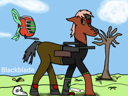 Size: 4096x3072 | Tagged: safe, artist:blackblade360, oc, oc only, oc:silvershot, cyborg, cyborg pony, earth pony, pony, fallout equestria, 2024, angry, battle saddle, black tail, bone, claw, clothes, cloud, dead tree, digital art, ears back, earth pony oc, flower, flying, frown, grass, grass field, ibispaint x, male, messy tail, orange eyes, outdoors, pants, plant, post apocalypse, red coat, shirt, signature, skeleton, skull, sky, spritebot, stallion, stallion oc, story included, tail, tan mane, tree, walking