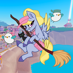 Size: 1920x1920 | Tagged: safe, artist:grapefruit-face, fifi (g5), kenneth, steven, bird, cat, pegasus, pony, seagull, g4, g5, anime reference, bag, base used, broom, cap, flying, flying broomstick, g5 to g4, generation leap, hat, kiki's delivery service, looking at you, maretime bay, outdoors, pun, visual pun