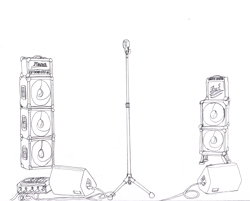 Size: 2706x2181 | Tagged: safe, artist:ciaran, derpibooru exclusive, amplifier, background, cable, illustration, microphone, microphone stand, mixing console, no pony, simple background, speaker, stage, white background, wip