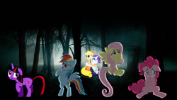 Size: 900x507 | Tagged: safe, artist:glitched-nimbus, artist:mehoep, artist:mr-kennedy92, artist:peachspices, artist:santafer, applejack, fluttershy, pinkie pie, rainbow dash, rarity, twilight sparkle, earth pony, pegasus, pony, unicorn, g4, bipedal, female, floppy ears, forest, irl, mane six, mare, nature, photo, ponies in real life, scared, tree, unicorn twilight